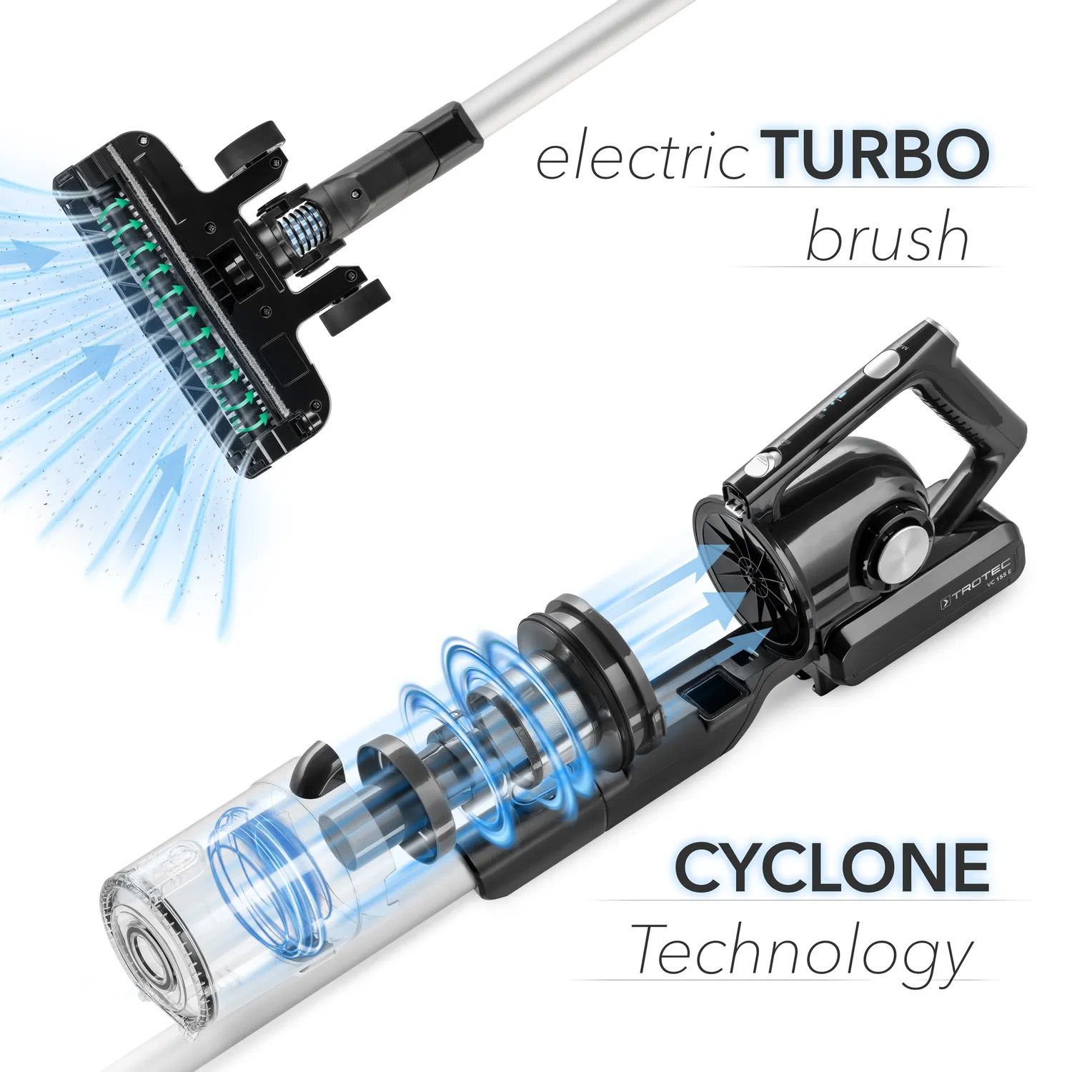 TROTEC® 2 σε 1 Ασύρματη Επαναφορτιζόμενη Ηλεκτρική Σκούπα Χειρός Όρθια με 3 Ακροφύσια - Φίλτρο HEPA - LED Φως & Βάση Στήριξης